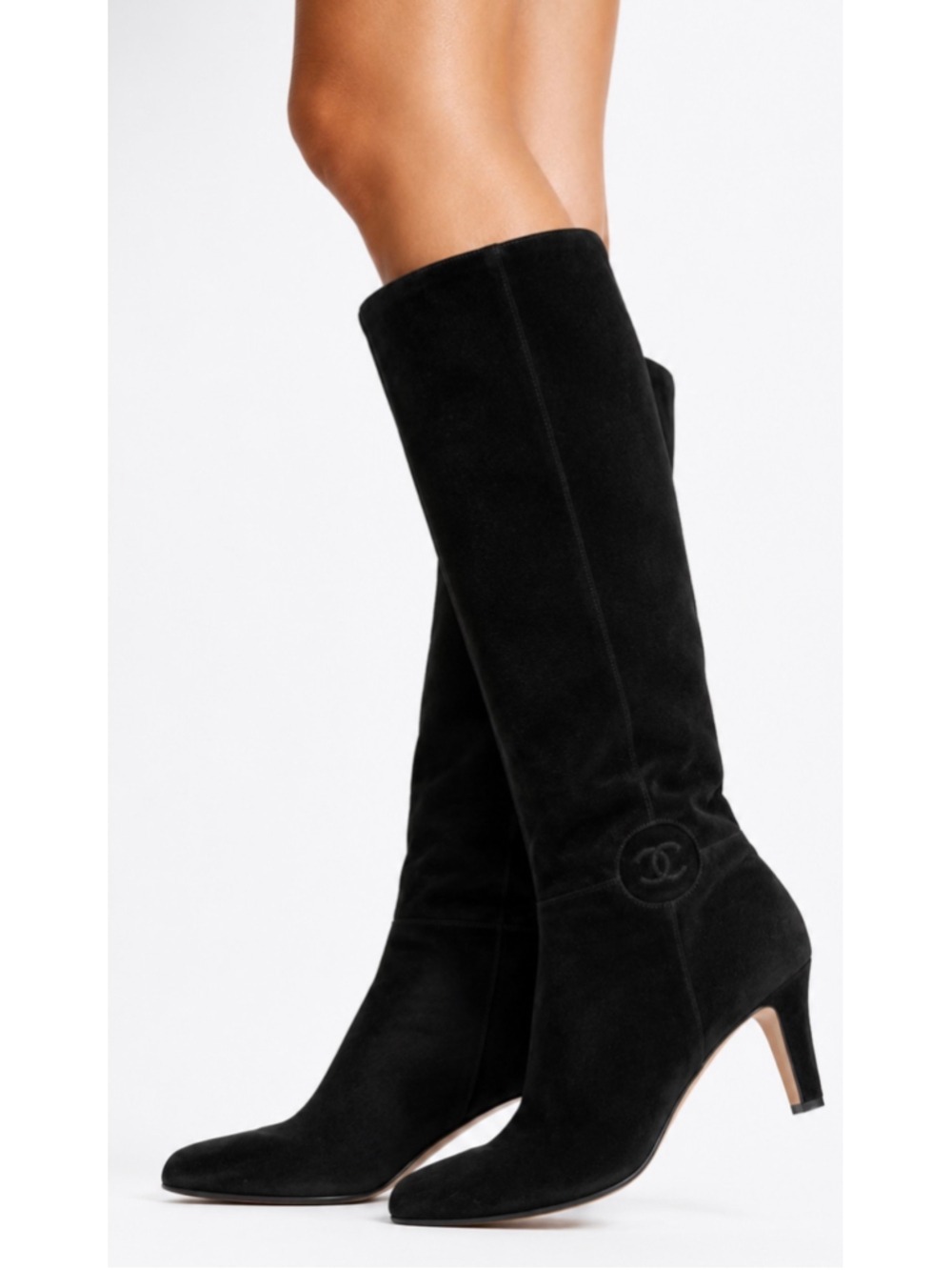 Chanel Black Suede Heeled Knee-High Boots 39/9 With CC Logo